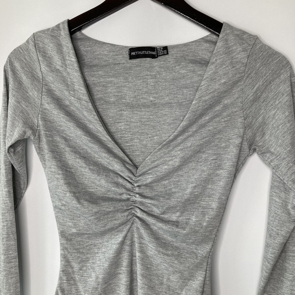 PrettyLittleThing Shape Grey Jersey Ruched Long Sleeve Bodysuite Size Medium - Picture 6 of 8